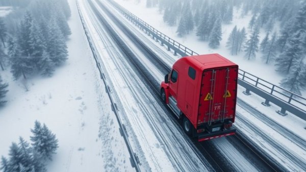 AI predictive maintenance alert displayed over a red semi-truck on a highway.