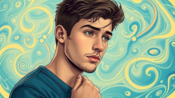 Illustration of a young man deep in thought, self-awareness and overthinking concept.