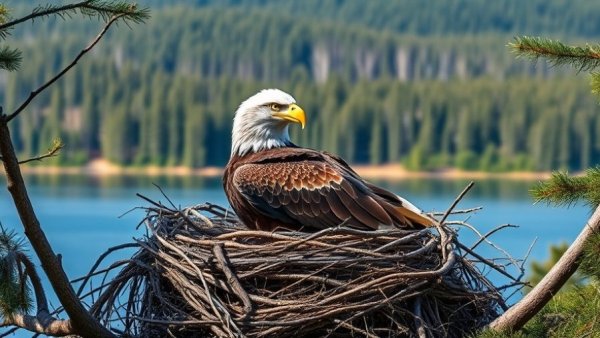 Bald eagle nesting at Big Bear Valley with scenic lake backdrop.