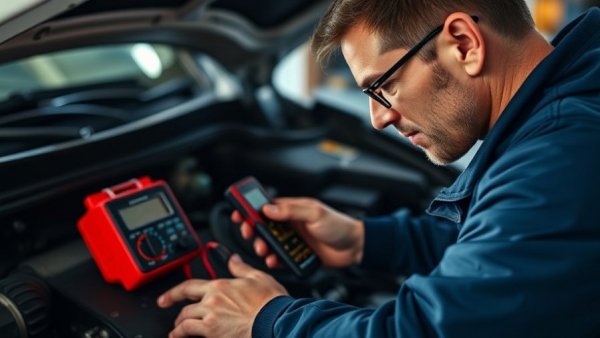 Technician testing a car battery with a multimeter to prevent draining.