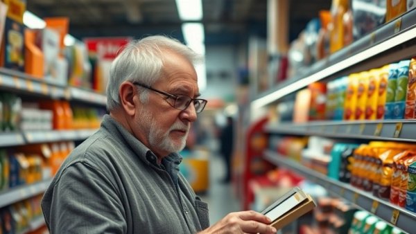 A man shopping in a retail aisle, brightly lit shelves.