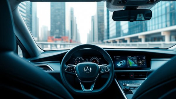 Interior of Waymo robotaxi service in San Antonio, showing steering wheel and dashboard with navigation in urban background.