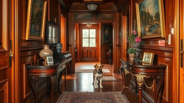 Charming vintage hallway with antique table and an elegant dog, highlighting Antique Trends 2026.