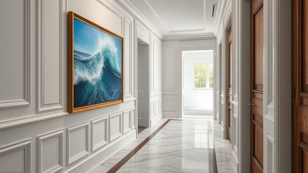 Modern faith home décor trends in elegant hallway with ocean artwork.