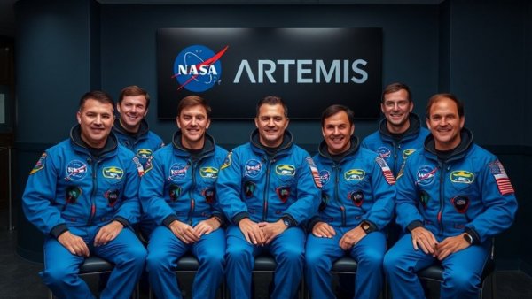 NASA Artemis II Moon Mission crew in blue jumpsuits.