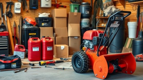 Snowblower and gas cans in garage for 'how to store snowblower' guide.