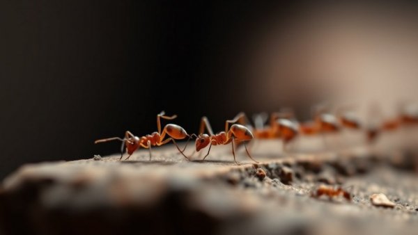 Close-up of ants lined up on a surface, illustrating natural behavior.