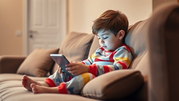 Child enjoying AI storytelling for children on a digital device at home.