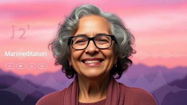 Digital graphic for meditation with smiling woman and audio theme.