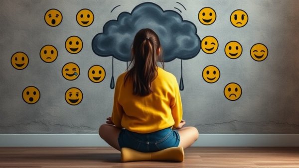 Teenage girl facing wall with emojis representing anxiety in teenage girls.