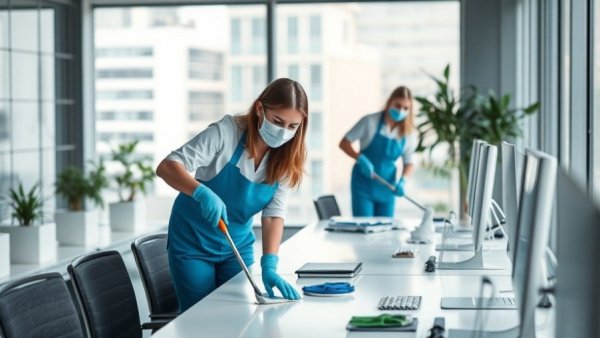 Commercial cleaning team sanitizes an office space to prevent workplace illness.