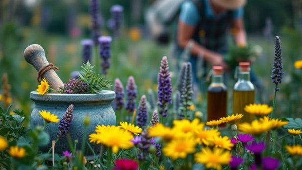 Herbalist's Code of Honor: Tools and plants in a sunny meadow.