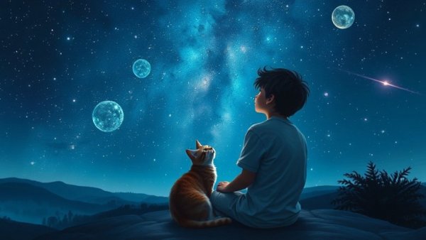 Contemplative person and cat stargazing, Pressure to Dream Big concept.