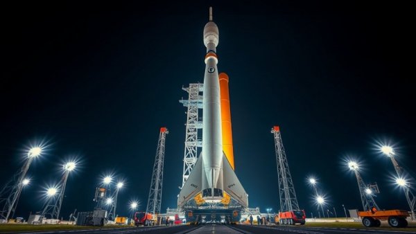 Artemis I rocket at night, prepared for launch, illuminated.