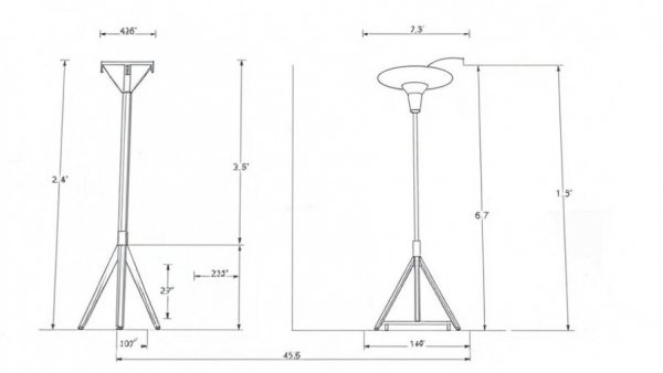Technical drawing for a DIY plywood floor lamp with measurements.