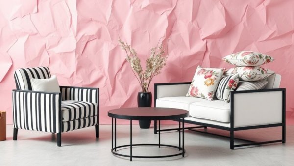 Elegant furniture set with Wayfair outlet deals on pastel background.