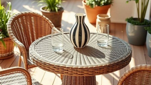 Outdoor wicker table with decor, perfect for an affordable Amazon outdoor decor setup.