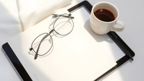 Minimalistic book cover on tablet with coffee and glasses.