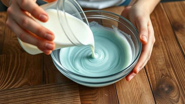 Making homemade car cleaning slime by pouring ingredients.