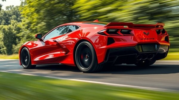 C8 Corvette accelerating on track with greenery, vivid red color.