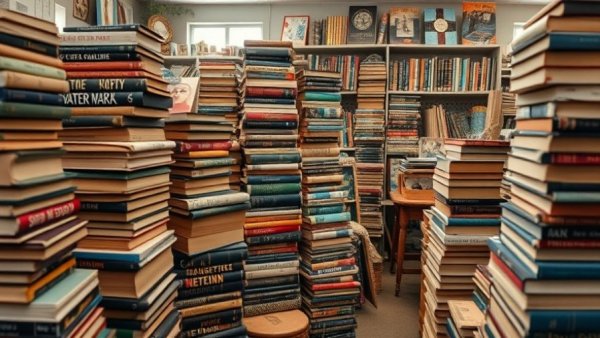 Vintage book stacks in thrift store, inviting atmosphere