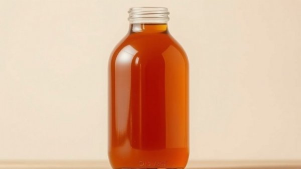 Glass bottle of apple cider vinegar on a beige background.
