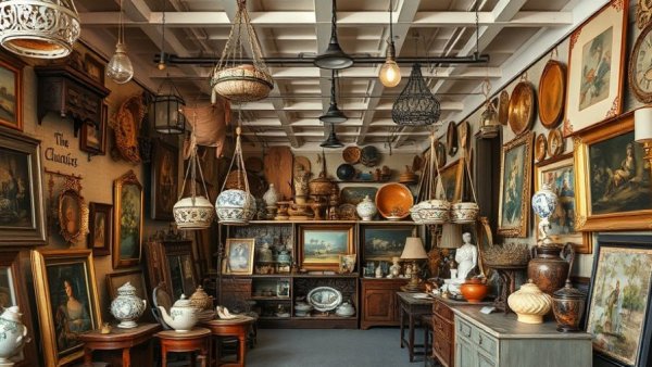 Spacious antique shop showcasing eclectic vintage items.