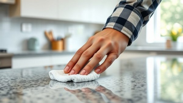 Hand cleaning countertop with wipe in a bright kitchen.