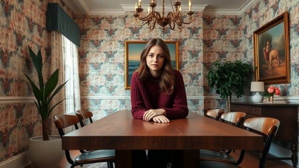 Cozy dining room for home decorating ideas with floral wallpaper.