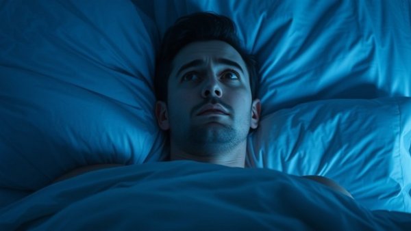 Night shot of an anxious man in bed, showcasing nighttime anxiety management.