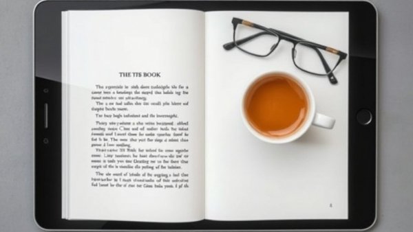 Digital book cover displayed on tablet with coffee cup and glasses.