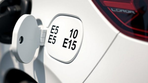 E15 gasoline fuel door labels and impact on car engines close-up.