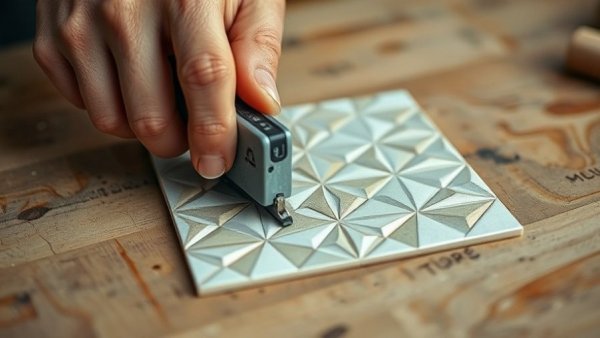 Hands using tile cutter on geometric tile, how to cut tile.