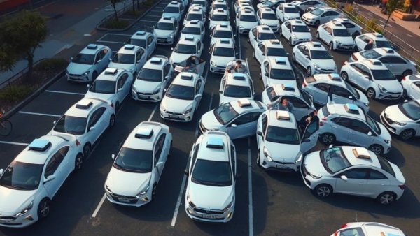 Waymo's Robotaxi Service fleet of autonomous cars in parking lot.