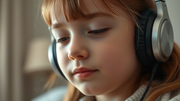 Child stress management concept with a young girl using headphones.