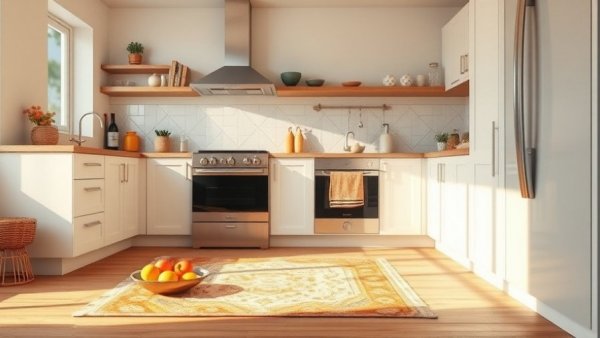 Modern kitchen with stylish stove and colorful rug, bright ambiance.