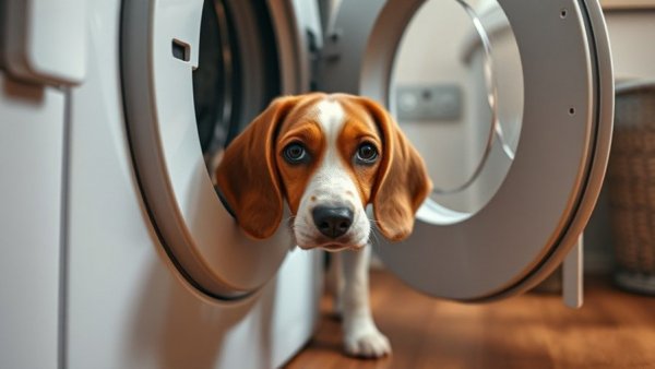 Beagle investigating a laundry machine in a cozy room