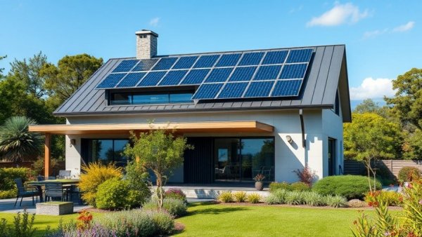 Modern home with solar panels and lush garden, showcasing HVAC and solar upgrades.