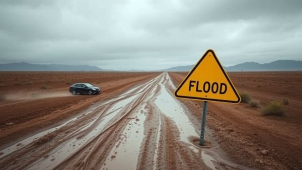 Super El Niño effects in America: Flooded road with warning sign.