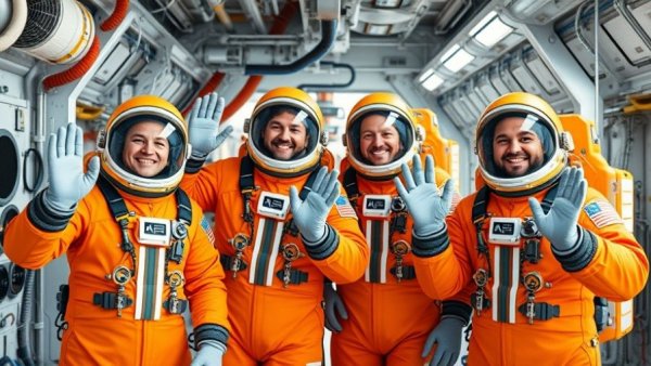 Astronauts in orange suits preparing for space mission, illustrating toilet troubles in space.