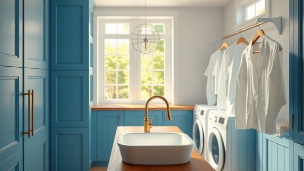 Inviting laundry room with blue cabinets and a white shirt hanging.