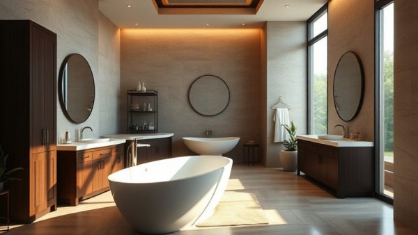 Modern primary bathroom layout with elegant fixtures and decor.