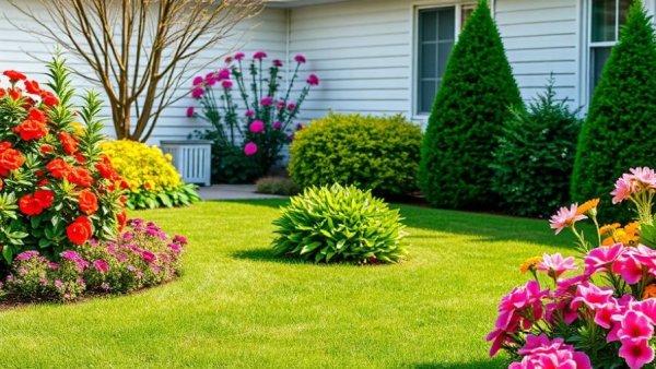 Vibrant backyard garden with colorful flowers and neat lawn, perfect for spring cleaning ideas.