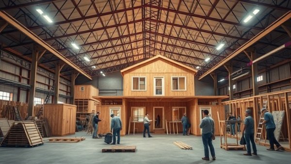 Workers assembling modular homes in Michigan warehouse.
