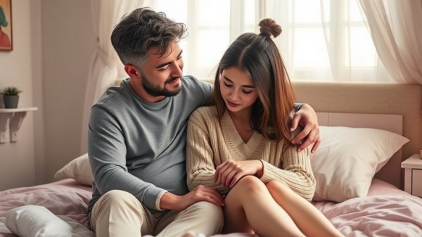Supportive adult comforting grieving teen, conveying emotion and care.