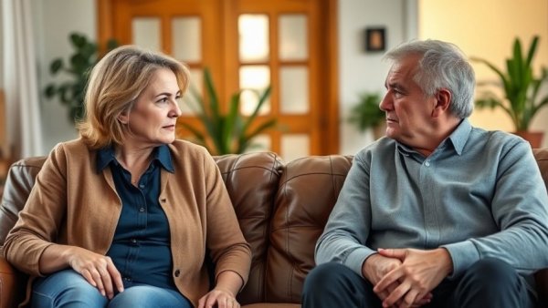 Middle-aged couple showing contempt in a living room setting.
