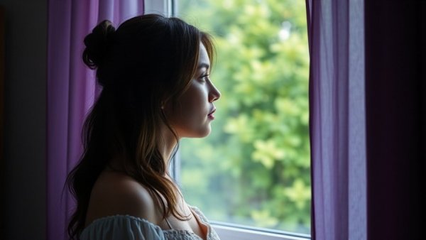 Contemplative woman by window, reflecting on overcoming people-pleasing.