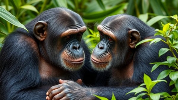 Chimpanzees sitting together outdoors with greenery.