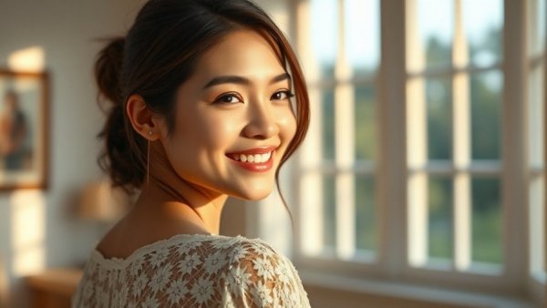 Smiling woman in lace blouse enjoying warm indoor light.