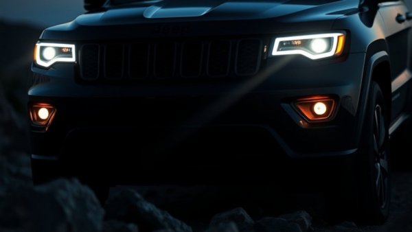 Close-up of Jeep Grand Cherokee Trailhawk headlights in a dark setting.